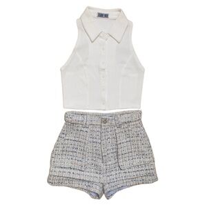White Ribbed Polo Top & Blue Tweed Skort Bundle Set Total Look Size 00 XXS XS